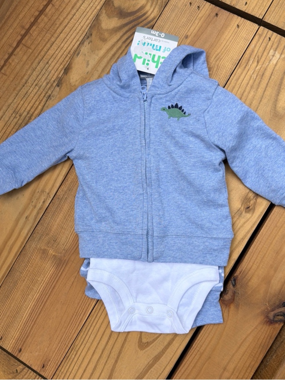 child of mine Light Blue Hoodie and White Bodysuit Set with Green Dinosaur